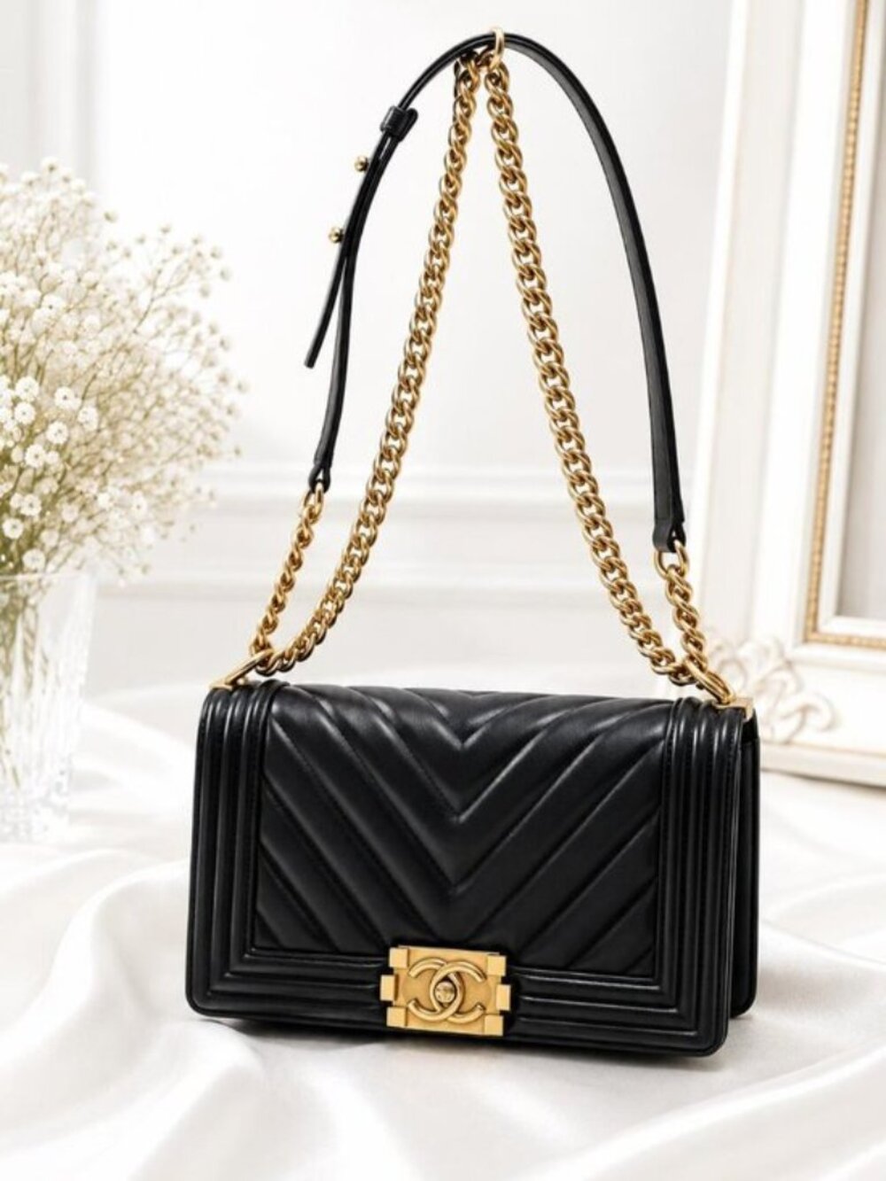 Authentic CHANEL Boy Bag Chevron Quilted Leather Gold Chain Shoulder Bag
